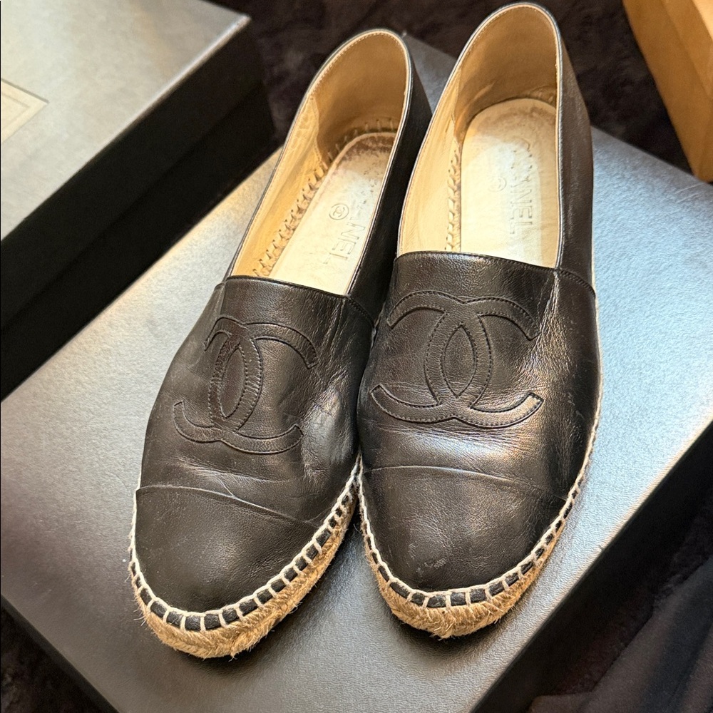 CHANEL Black Leather Espadrilles